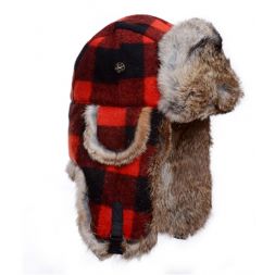 Mad Bomber - Black and Red Plaid with Brown Rabbit Fur
