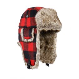Mad Bomber - Red/Black Plaid Wool Bomber with Faux Brown Fur